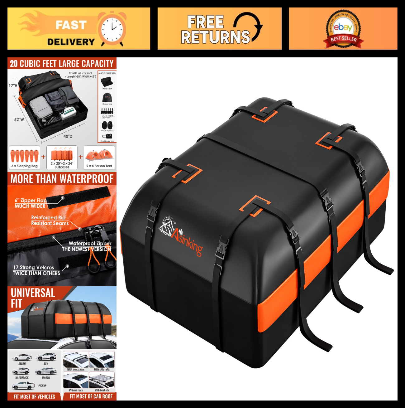 20 Cu Ft Waterproof Rooftop Cargo Carrier Bag - Heavy Duty, Anti-Slip, 6 Hooks,