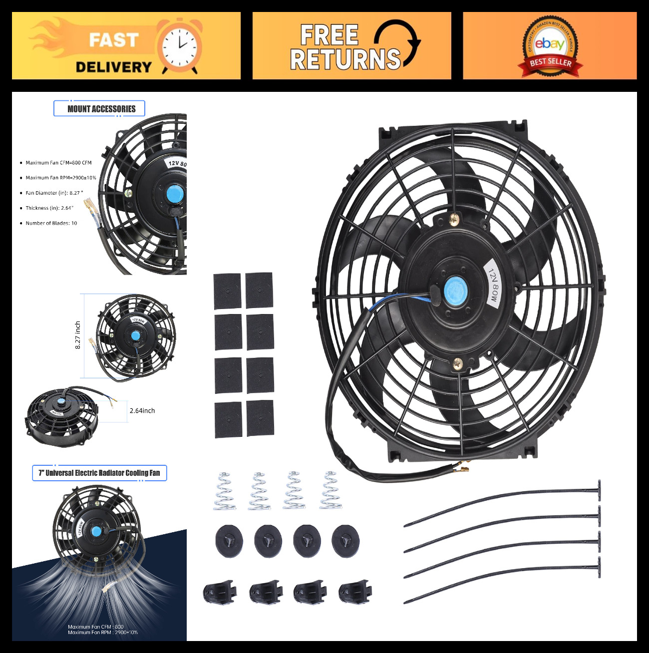 7 Inch Slim Electric Radiator Cooling Fan 12V 80W High Performance with Mounting 7 Inch Slim Electric Radiator Cooling Fan 12V 80W High Performance with Mounting