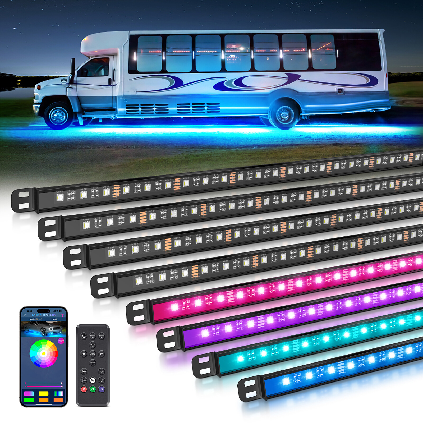 MICTUNING 8PCS RGBW Underglow LED Strip Kit Under Car Light Bar Neon Lamp For RV