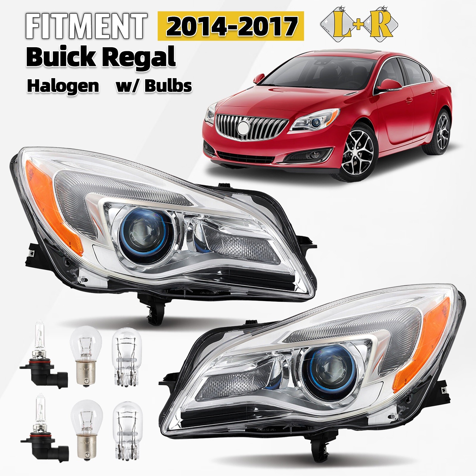 For 2014-2017 Buick Regal Halogen Headlight w/Bulb Chrome Left+Right Pair For 2014-2017 Buick Regal Halogen Headlight w/Bulb Chrome Left+Right Pair