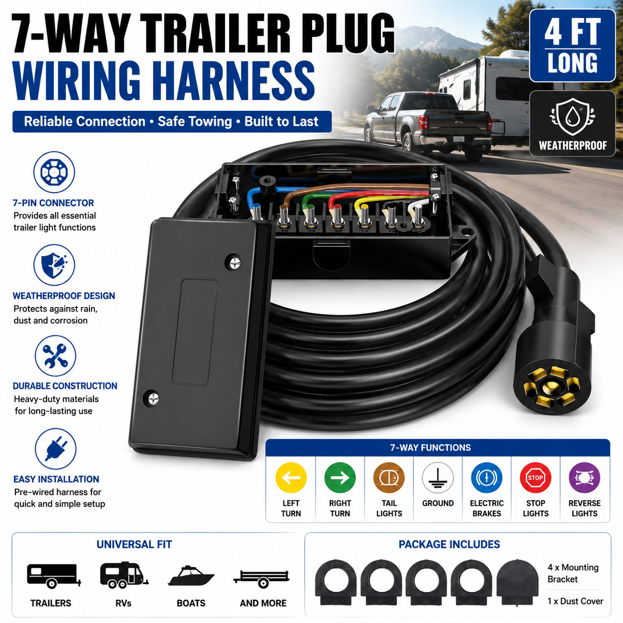7-Way Trailer Plug 7 Pin Trailer Weatherproof Trailer Wiring Harness Connector 7-Way Trailer Plug 7 Pin Trailer Weatherproof Trailer Wiring Harness Connector