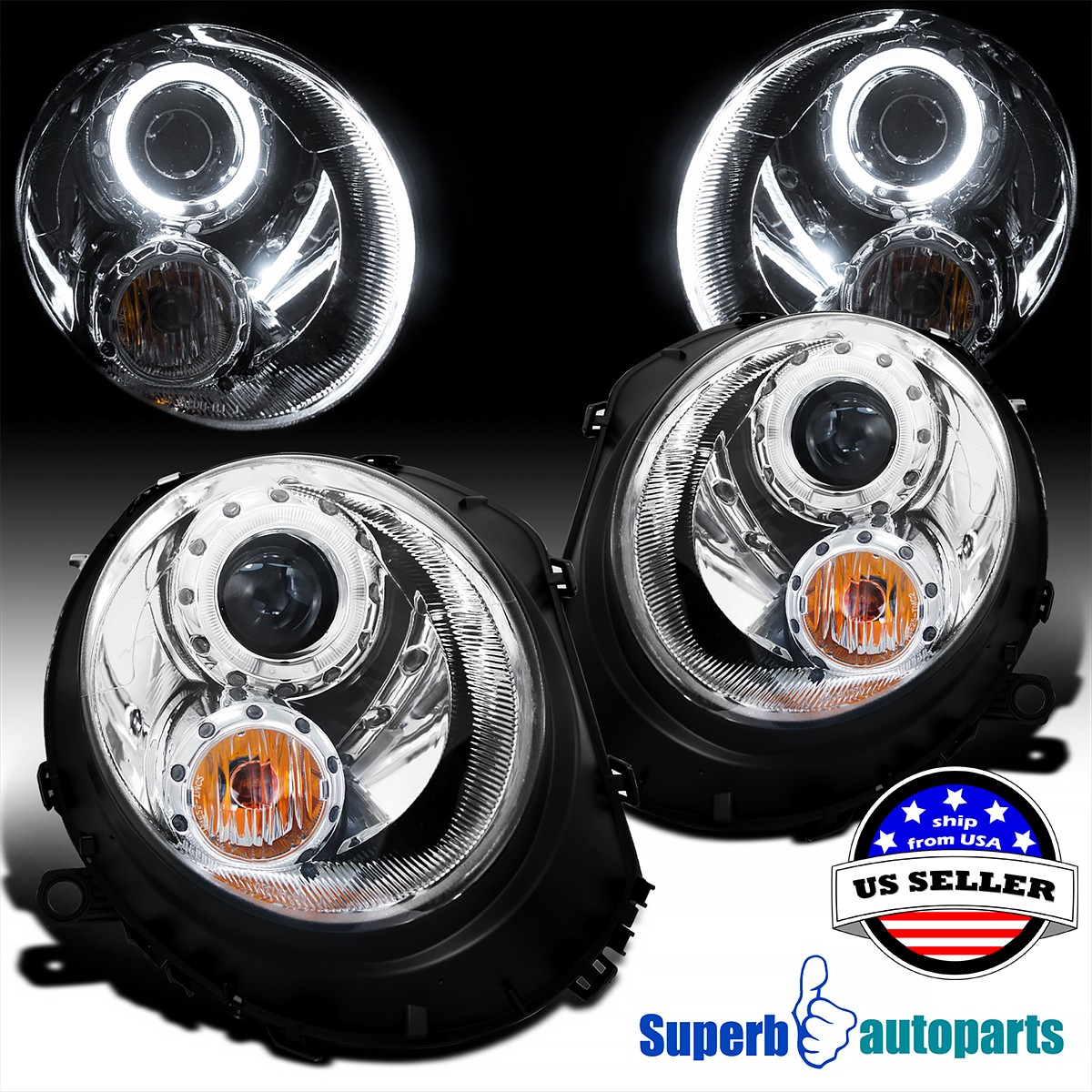 Fits 2007-2013 / 2012-2015 Mini Cooper S Halo Rim Headlights Signal Lights Lamps Fits 2007-2013 / 2012-2015 Mini Cooper S Halo Rim Headlights Signal Lights Lamps