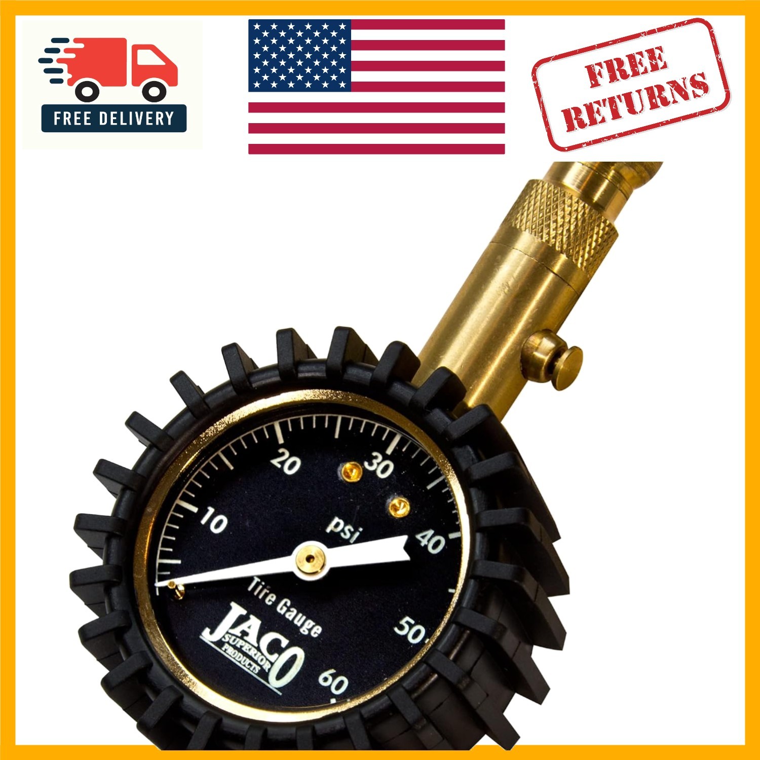 JACO Elite Brass Tire Pressure Gauge - 60 PSI, Mechanic-Recommended Durability