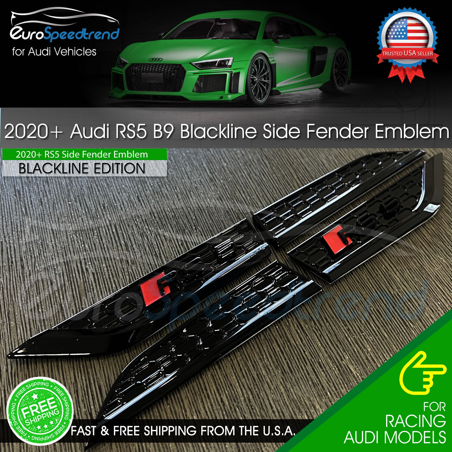 Audi RS5 Blackline Side Fender Emblem 3D Badge RS5 S5 B9 Facelifted OE 4PC Black