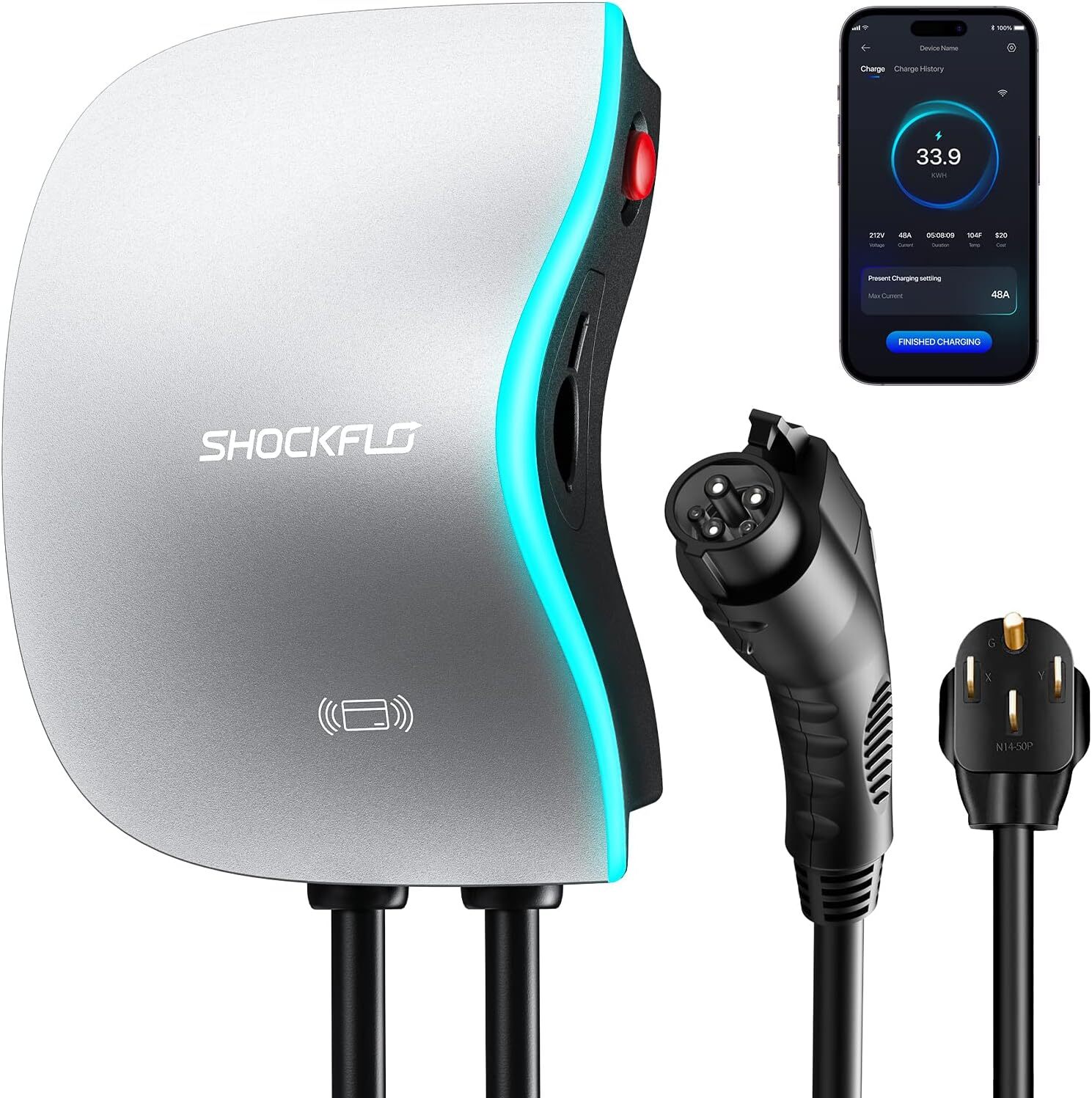 ShockFlo S1 Level 2 EV Charger 48A WiFI ~ NEMA 14-50 Plug or Hardwired *5356F1H