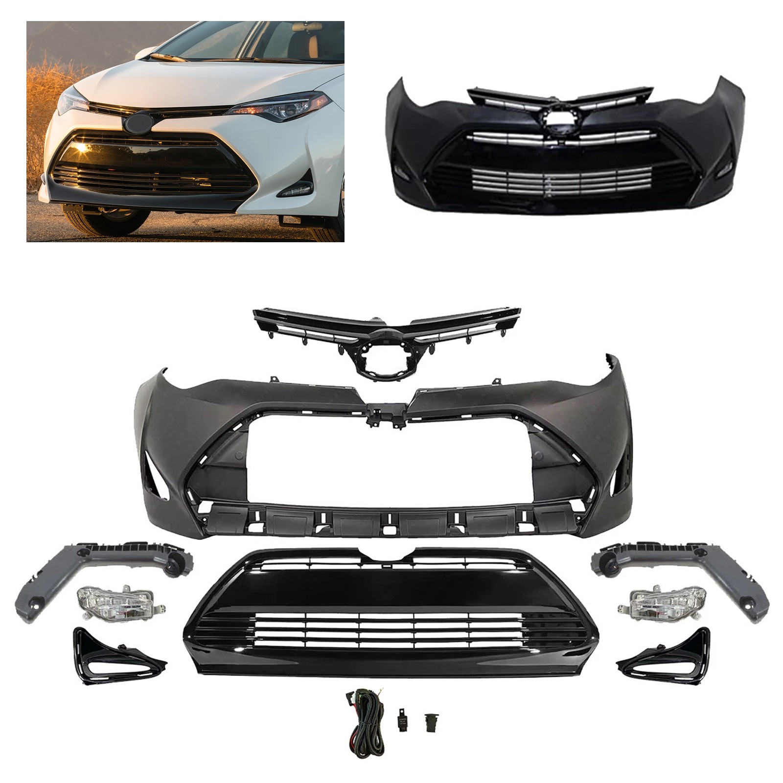 Fits 2017-2019 Toyota Corolla LE XLE Front Bumper Cover Grille Fog Light Set