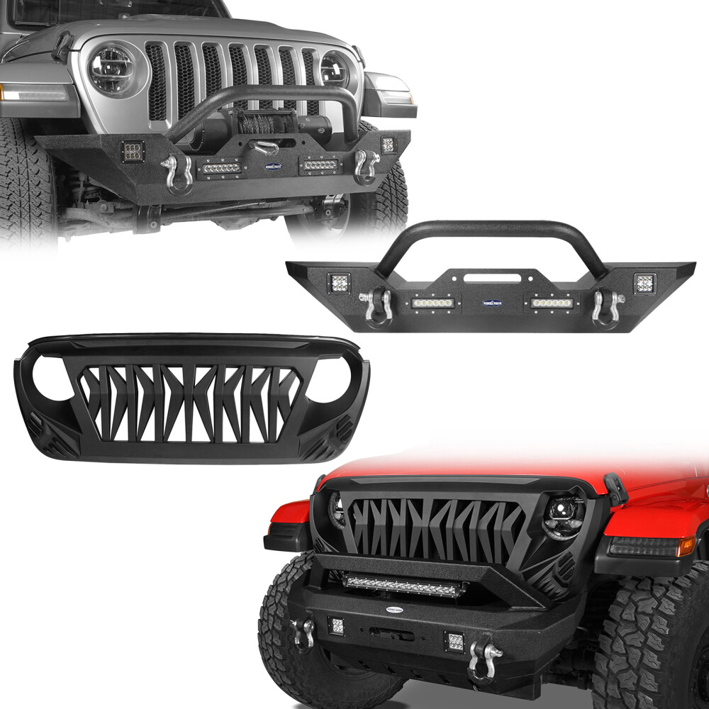 For 18-25 Jeep Wrangler & Gladiator Mid Front Bumper + Shark Griille w/Led Light