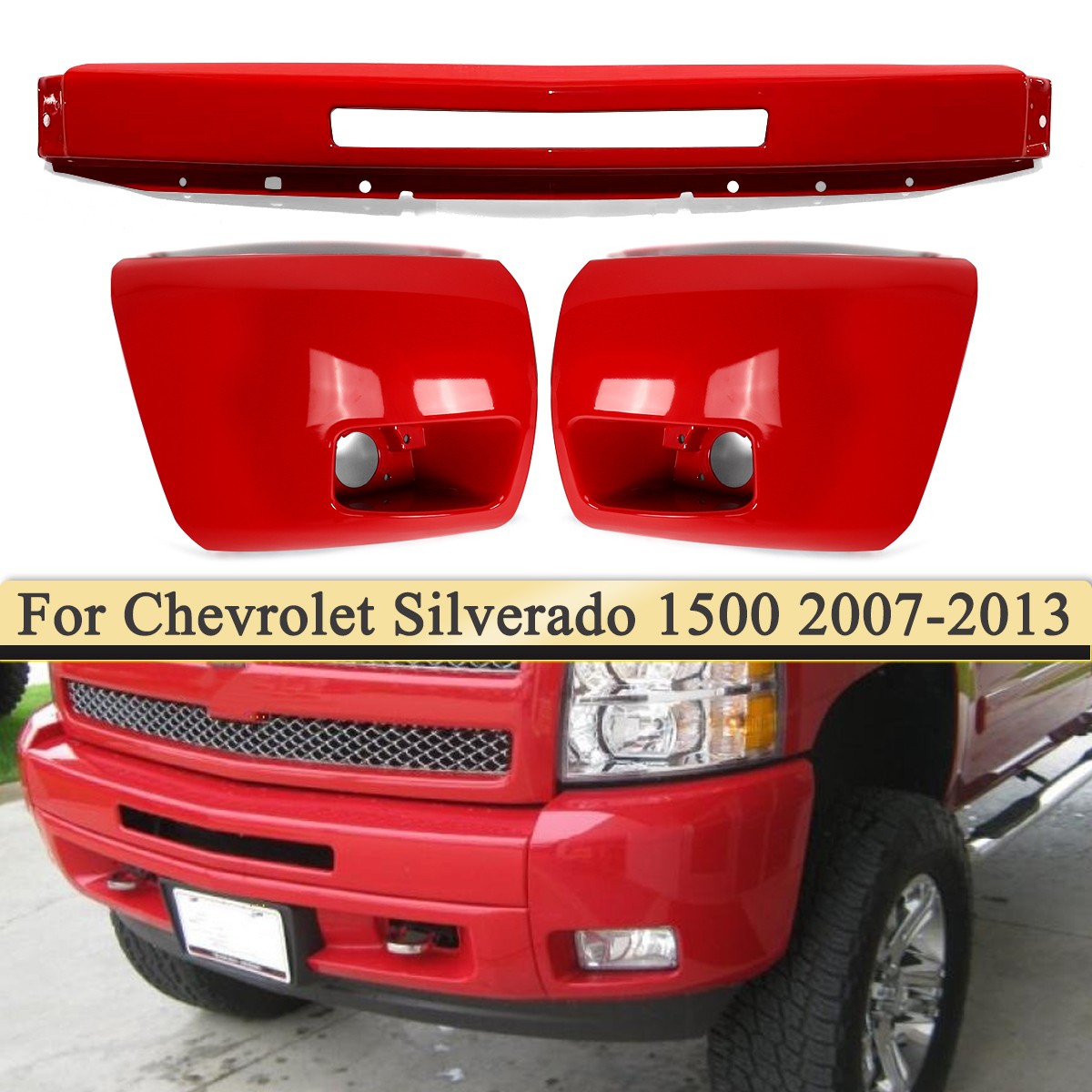 For 2007-13 Chevy Silverado 1500 Front Bumper Face Bar + Bumper Ends Victory Red For 2007-13 Chevy Silverado 1500 Front Bumper Face Bar + Bumper Ends Victory Red
