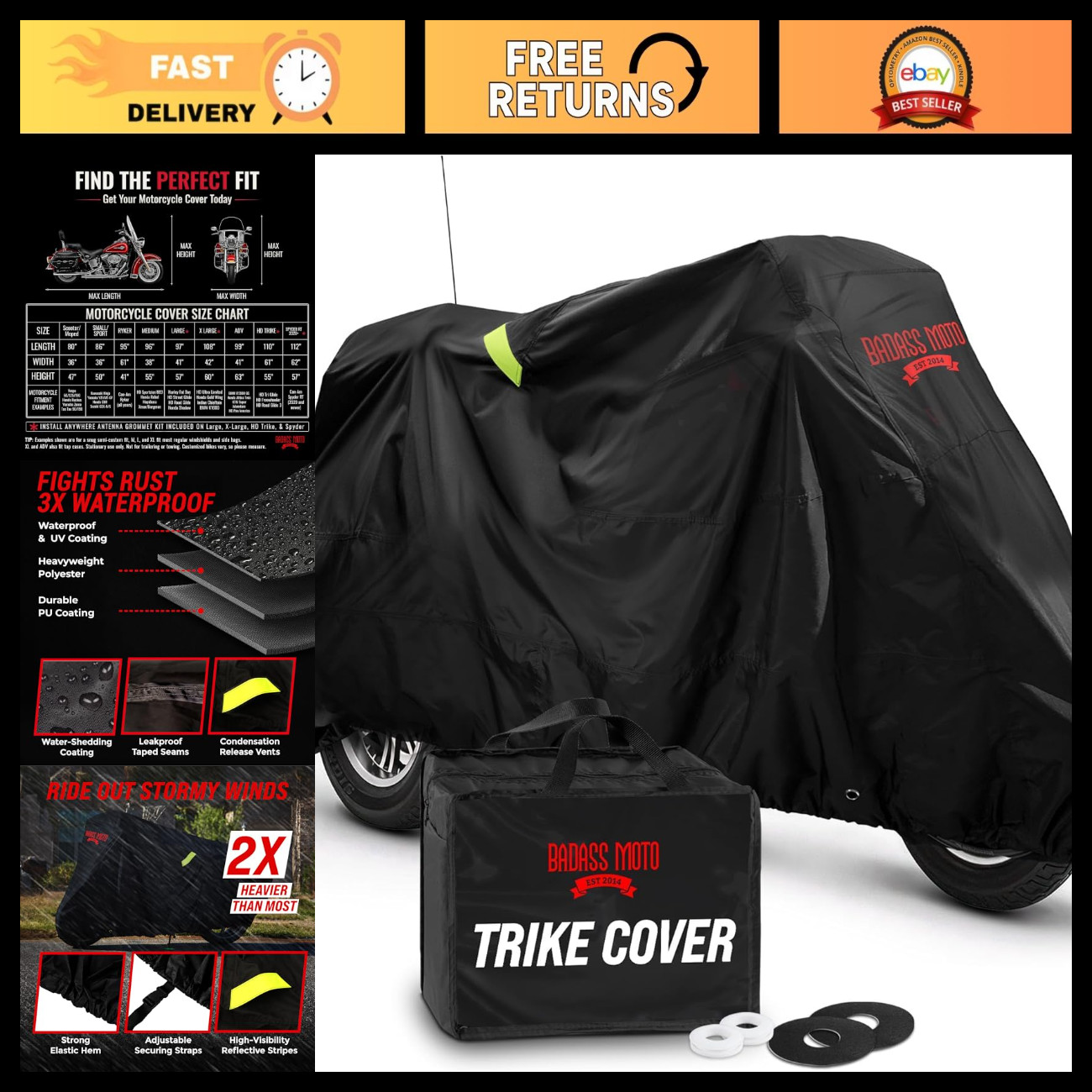 Heavy Duty Waterproof Motorcycle Trike Cover for Outdoor Storage - Fits Tri Glid