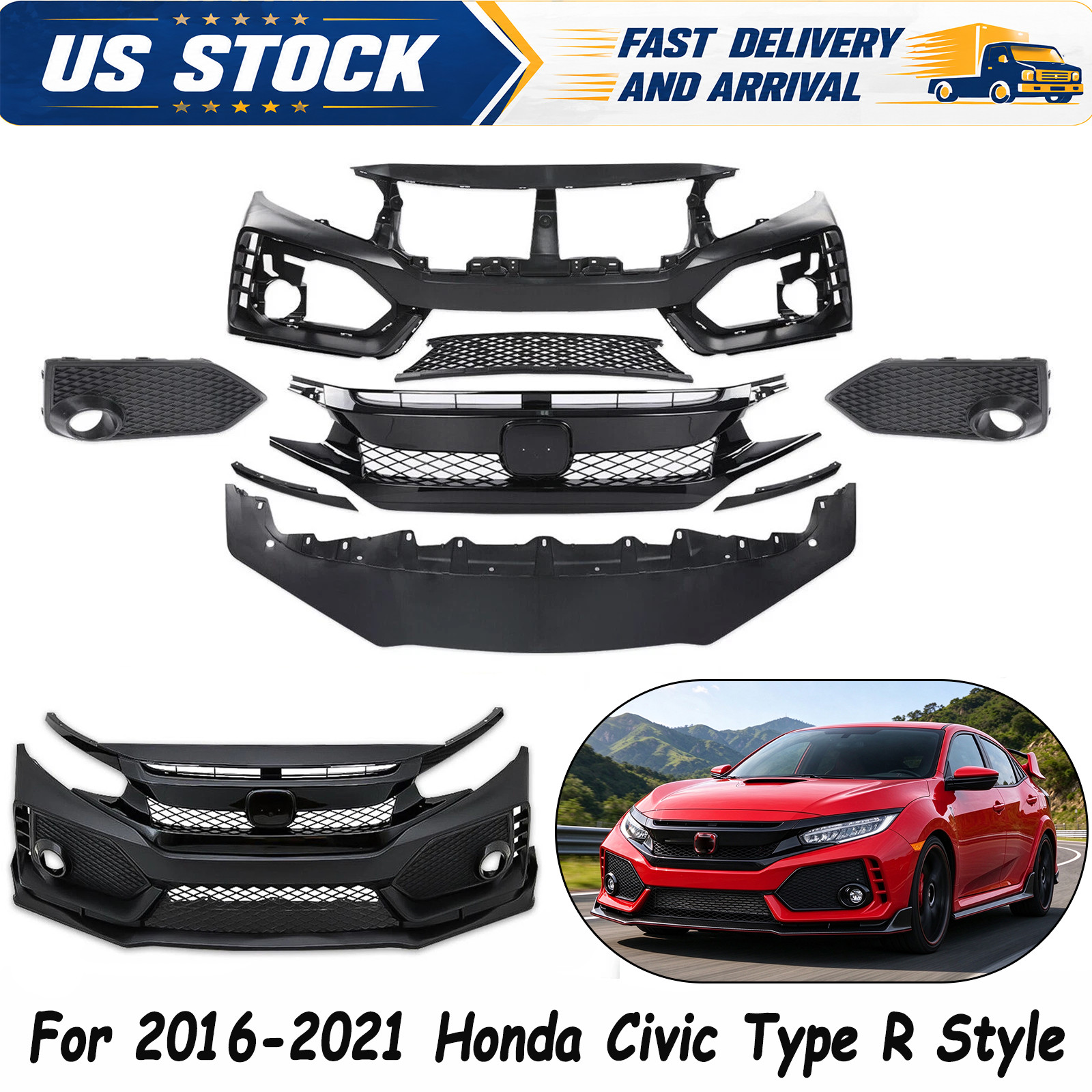 For 2016-2021 Honda Civic Type R Style Front Bumper Cover Kit with Grille & Lip