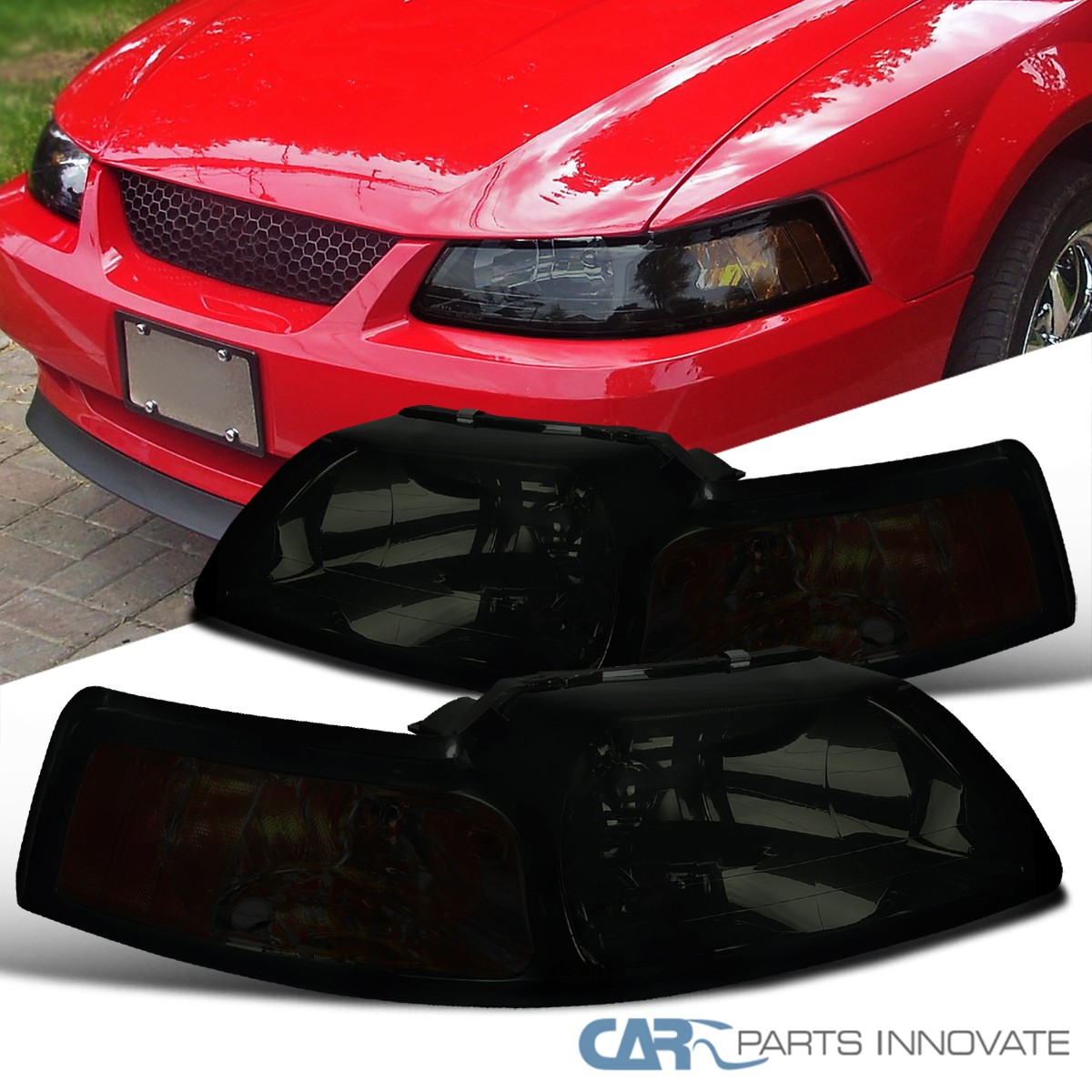 Fits 99-04 Ford Mustang GT Replacement Smoke Headlights+Signal Lamps Left+Right