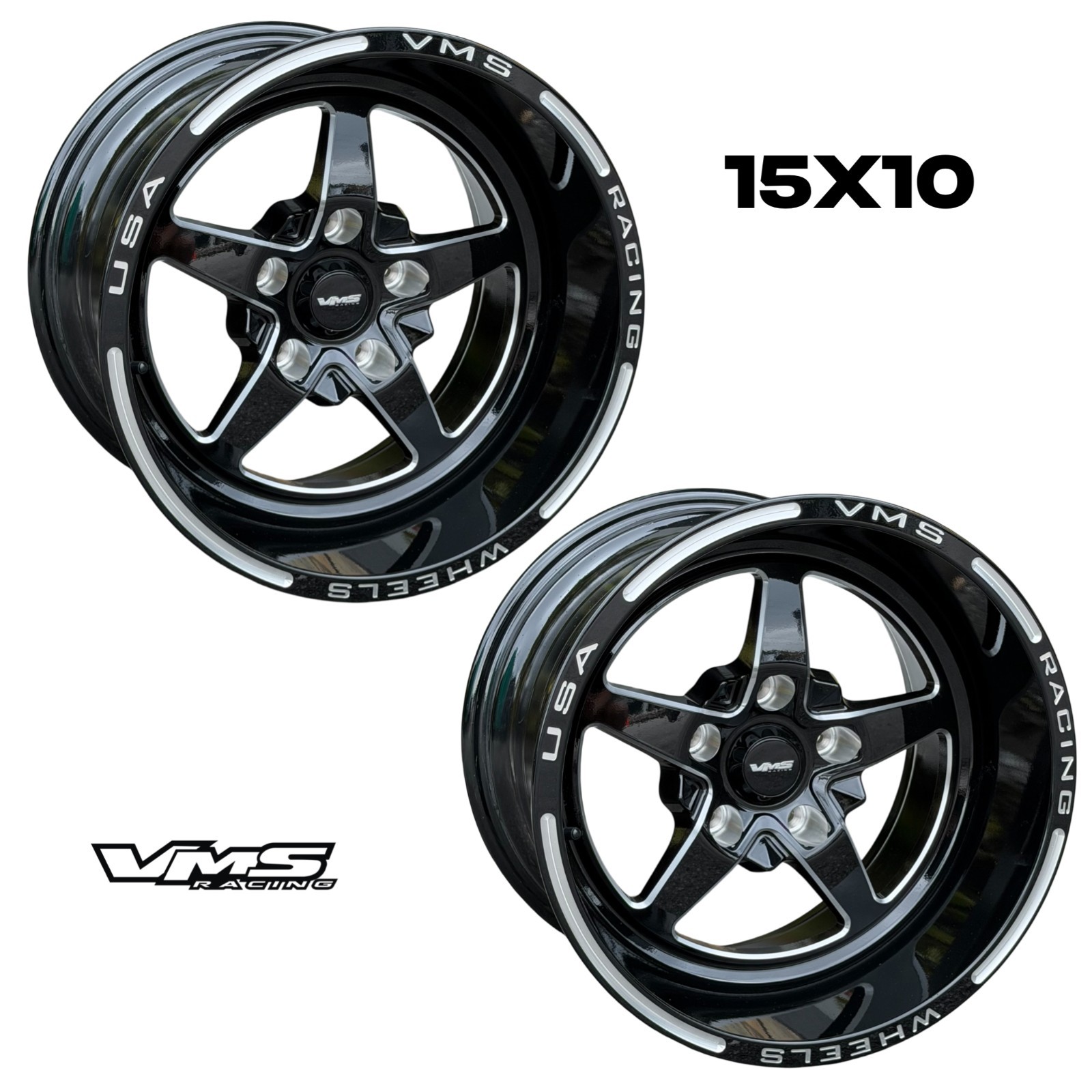 QTY 2 15X10 VMS RACING V-STAR DRAG STREET TRACK RIMS WHEELS 5X120 -25 ET 4.50 BS