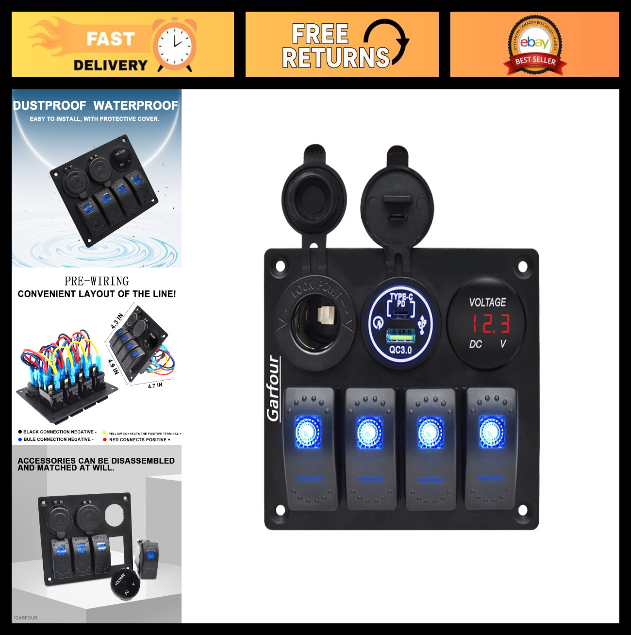 Waterproof Boat Switch Panel with 12V Voltmeter, Type-C & QC3.0 USB Charger Waterproof Boat Switch Panel with 12V Voltmeter, Type-C & QC3.0 USB Charger