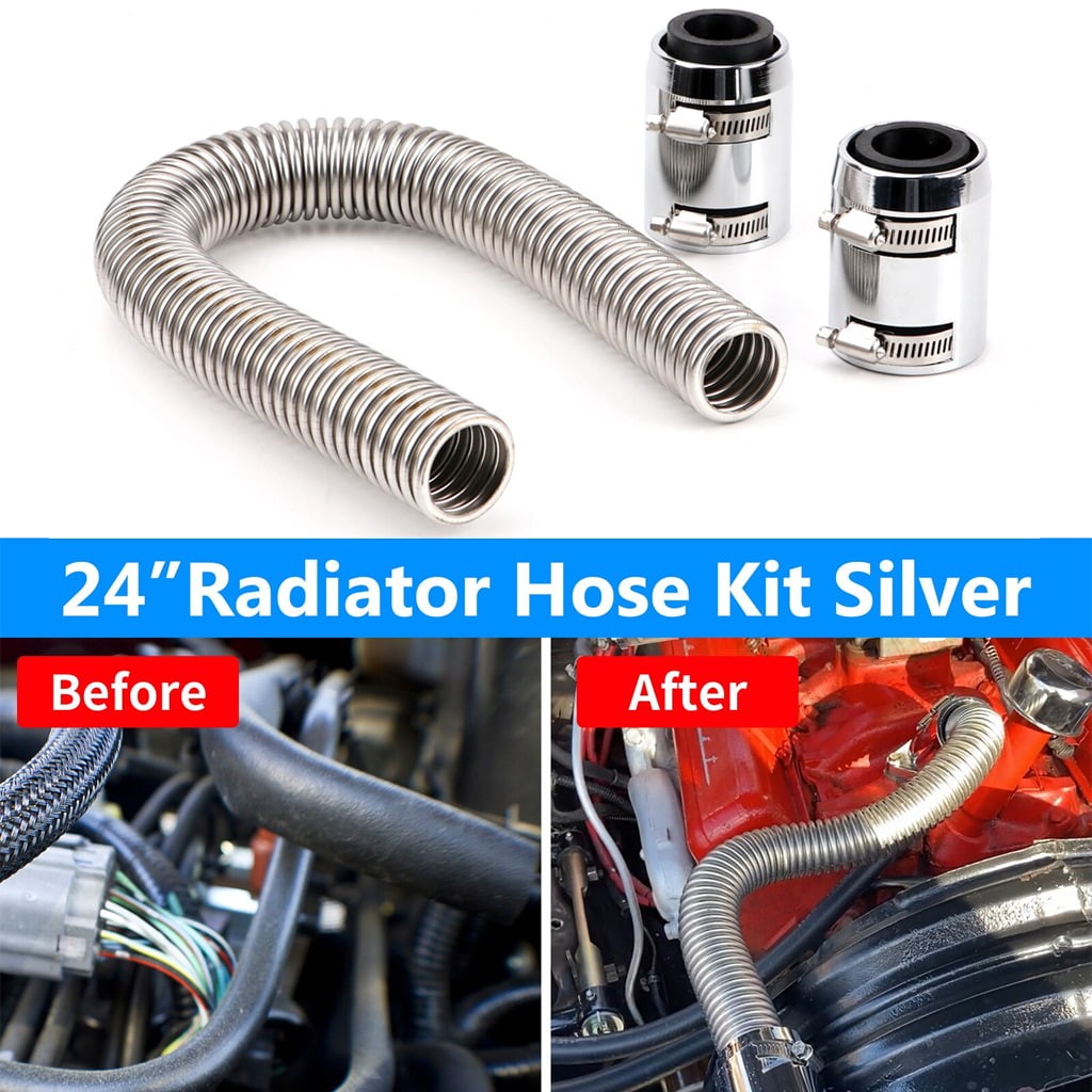 24 Inch Flexible Radiator Hose Kit Stainless Steel Upper Lower w/ Chrome Caps