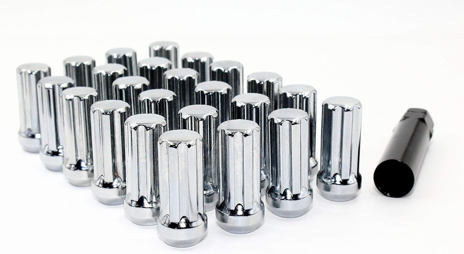 24 Chrome Lug Nuts, 14x1.5mm, 50mm Overall Length, Aftermarket Custom SUV Truck