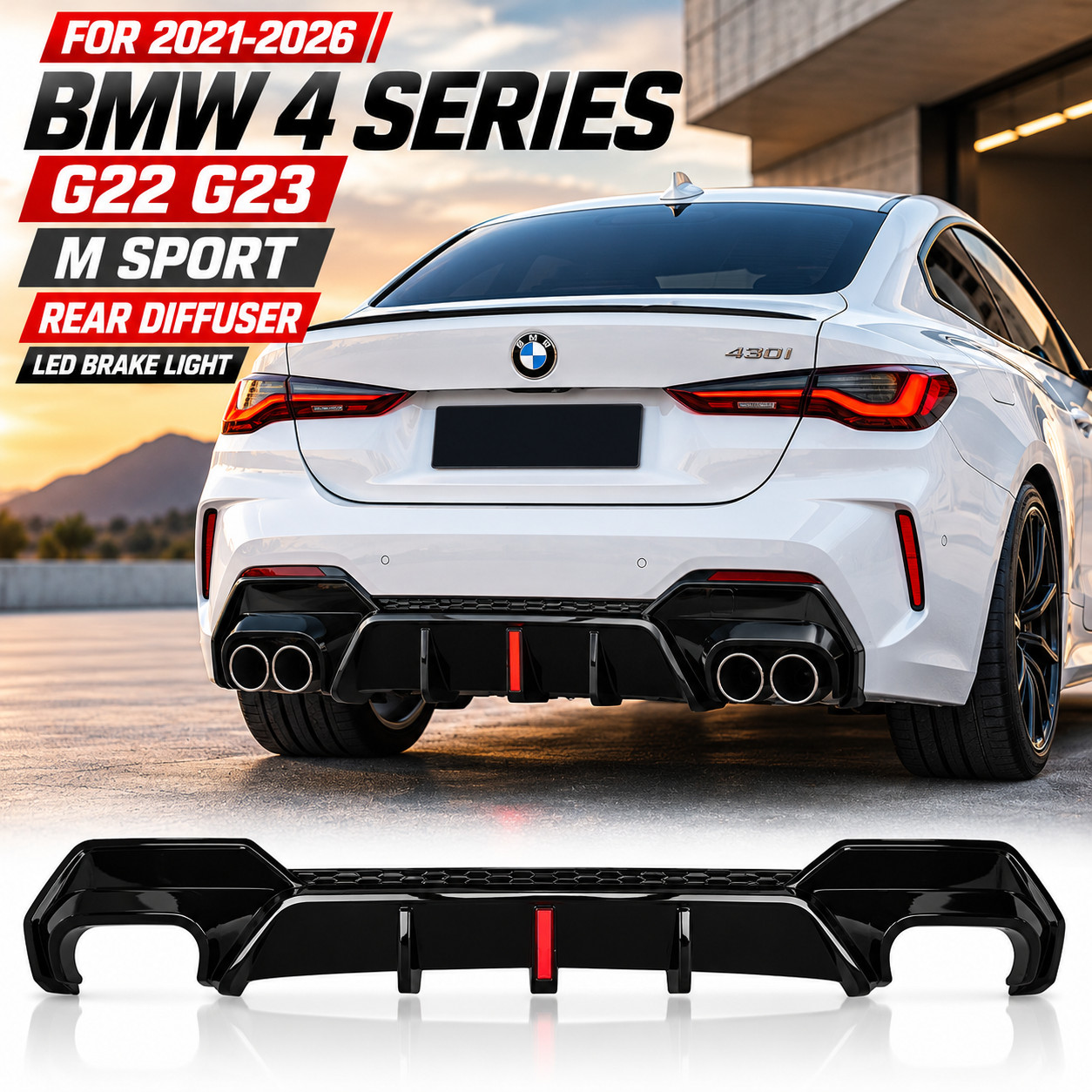 2021-2026 BMW G22 G23 430i M440i M Sport Rear Diffuser LED Black Round Tips