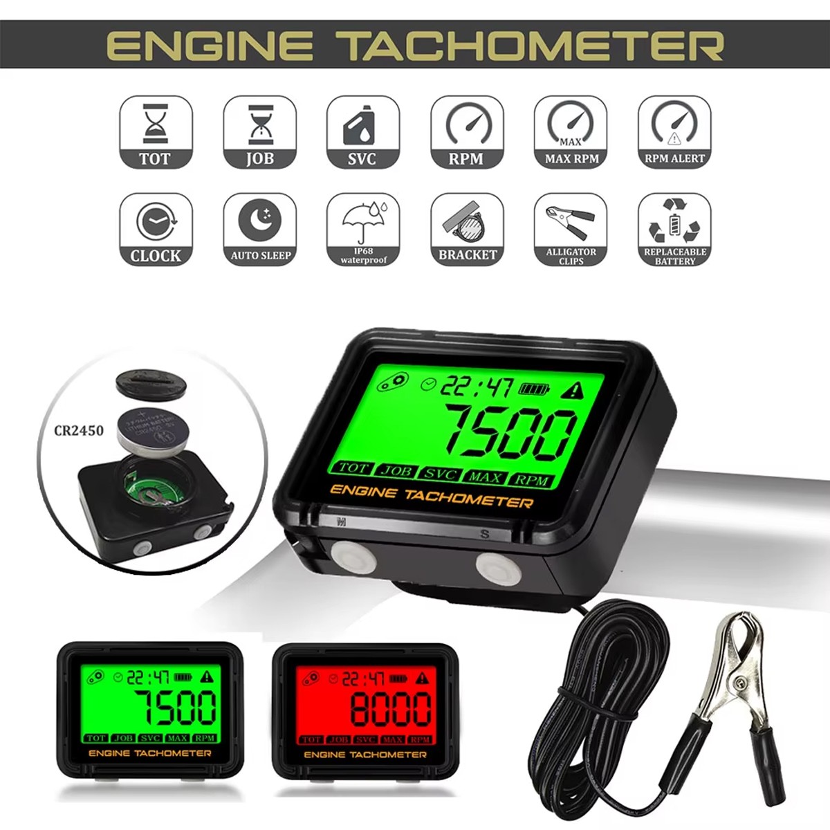 LCD Digital Inductive Tachometer Hour Meter Gasoline Engine Gauge Waterproof USA