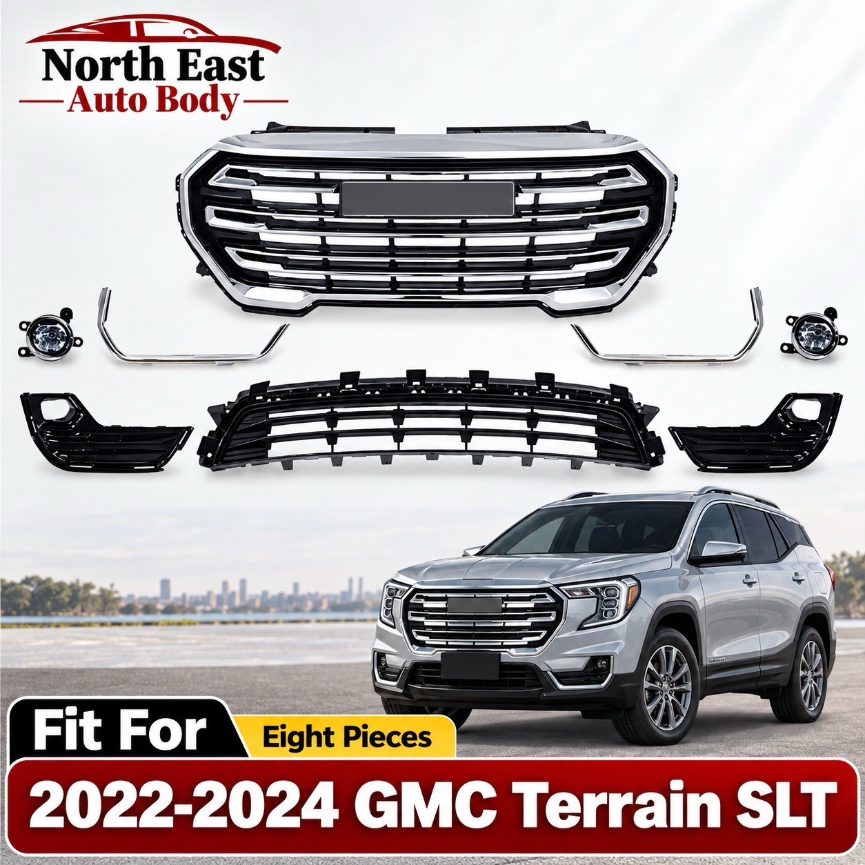 For 2022-2024 GMC Terrain SLT Front Upper & Lower Grille Assembly w/ Fog Lights For 2022-2024 GMC Terrain SLT Front Upper & Lower Grille Assembly w/ Fog Lights