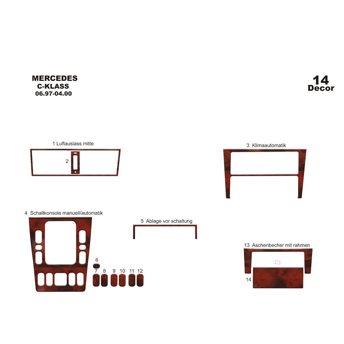 Mercedes C Serisi 1997-2000 14Pcs Fit Interior Dash Trim Cover Kit Wood Mercedes C Serisi 1997-2000 14Pcs Fit Interior Dash Trim Cover Kit Wood