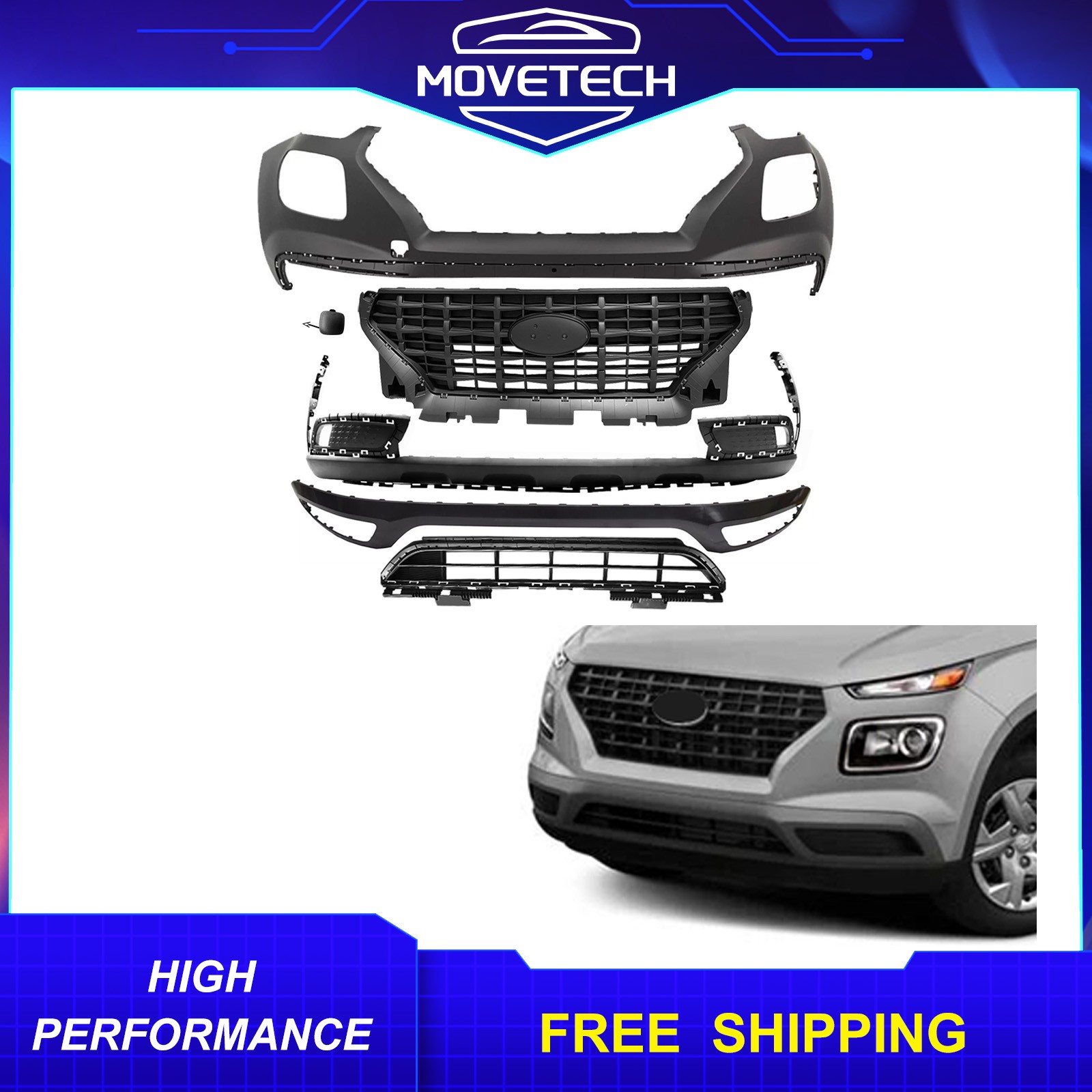 Complete Front Bumper Cover Kit w/ Grille For 2020-2025 Hyundai Venue SE SEL Complete Front Bumper Cover Kit w/ Grille For 2020-2025 Hyundai Venue SE SEL