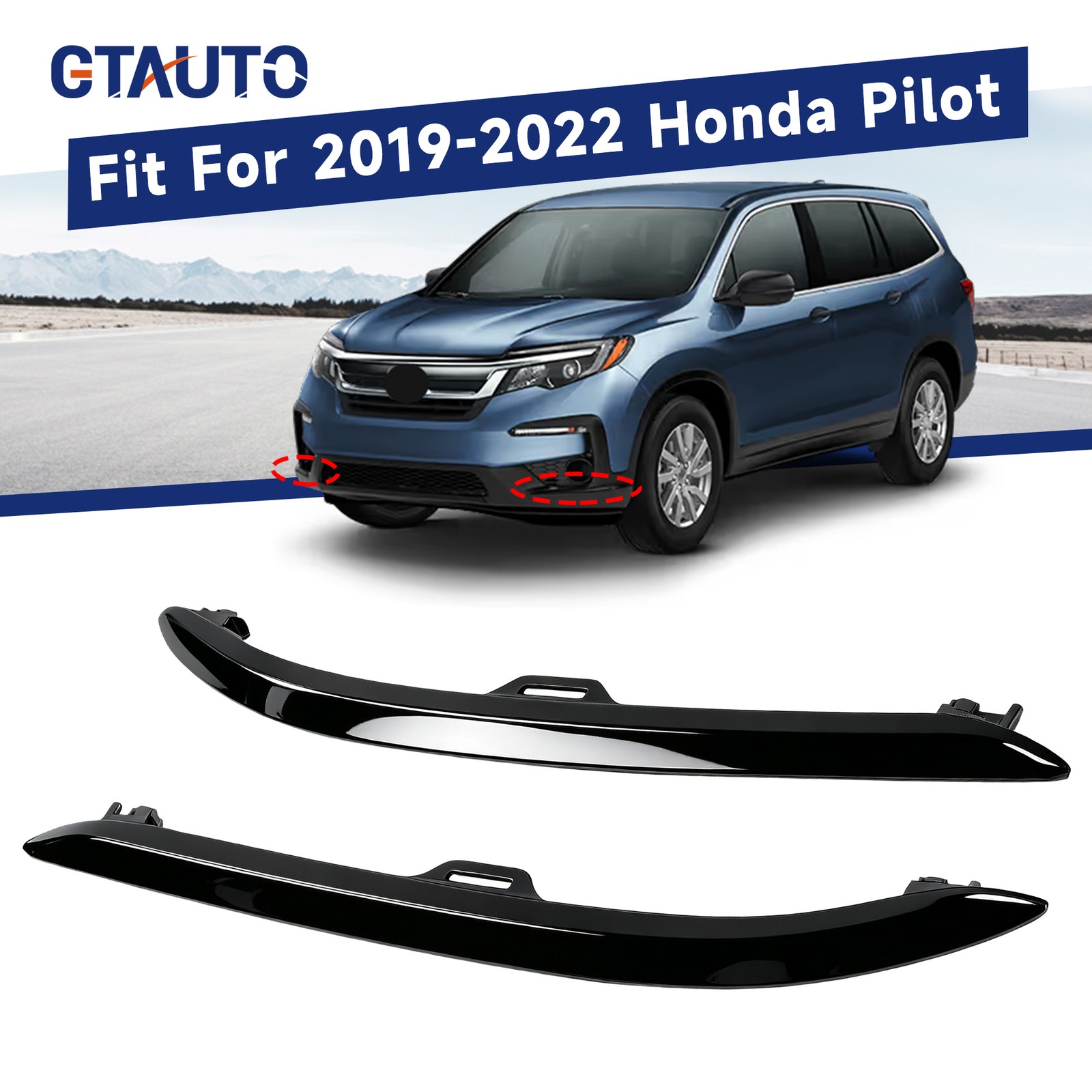 For 2019-2022 Honda Pilot Front Bumper Skid Garnish Trim Molding Gloss Black L&R