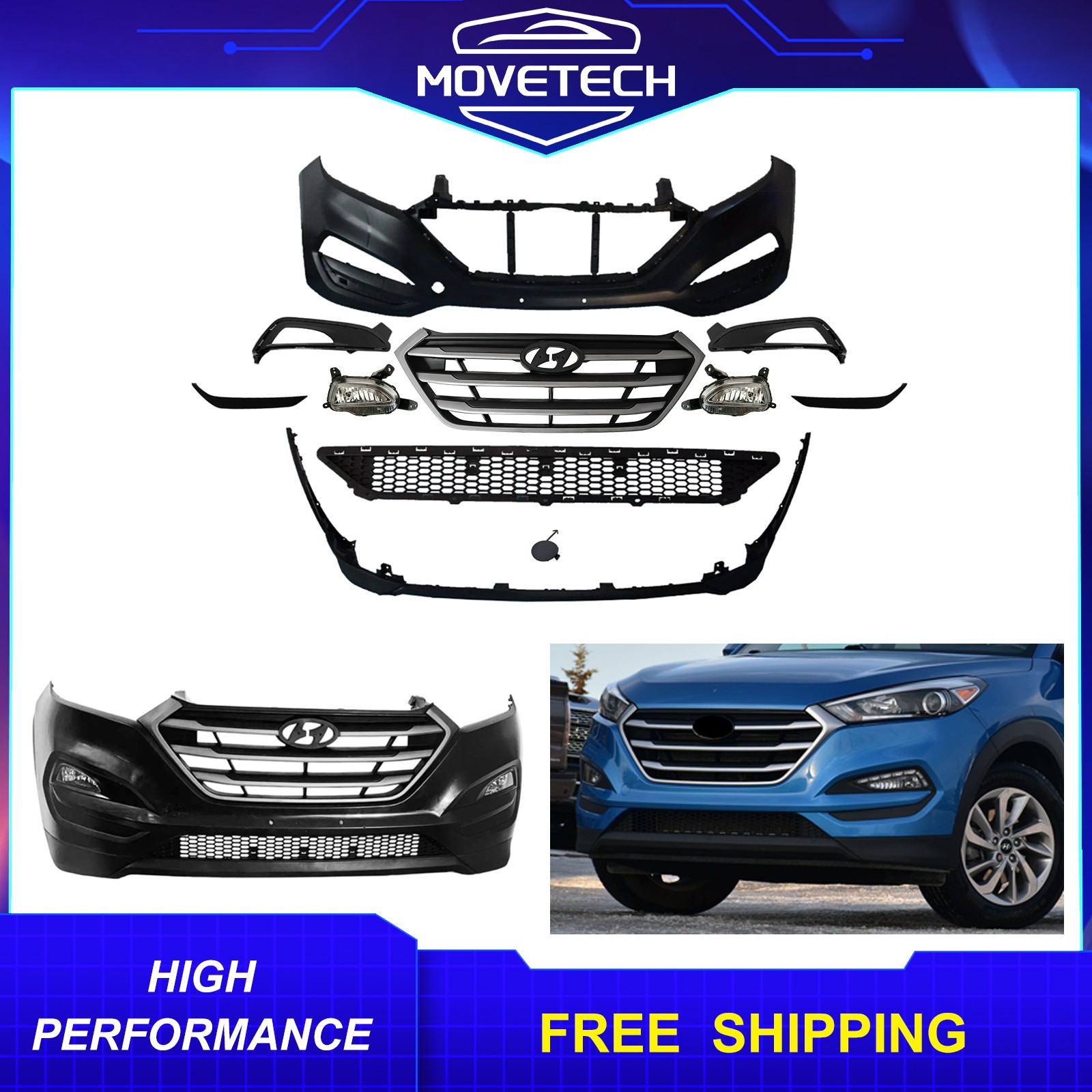 Complete Front Bumper Kit W/ Grille & Fog Light For 2016-2018 Hyundai Tucson