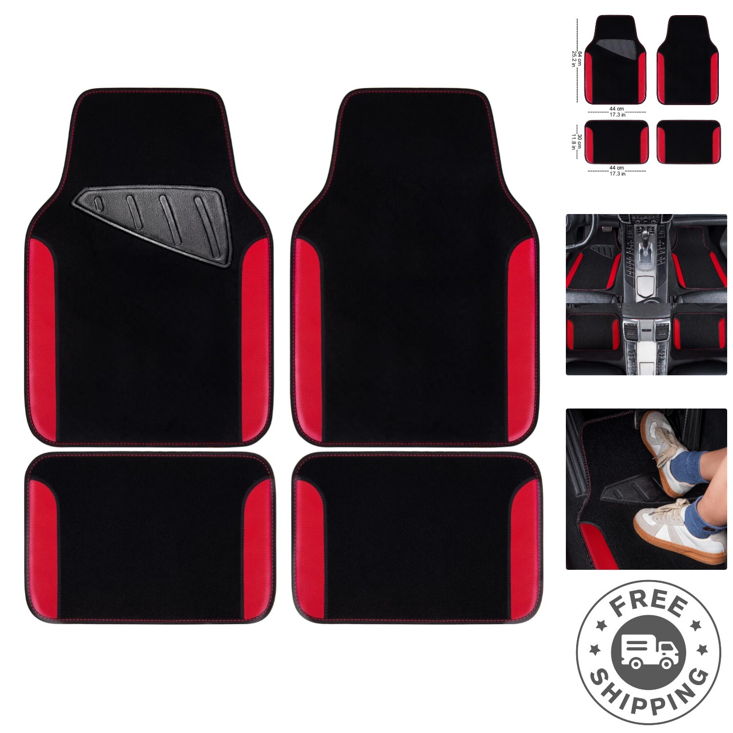 Fashion-Forward Anti-Slip Car Floor Mats Set - Red Faux Leather for All Vehicles