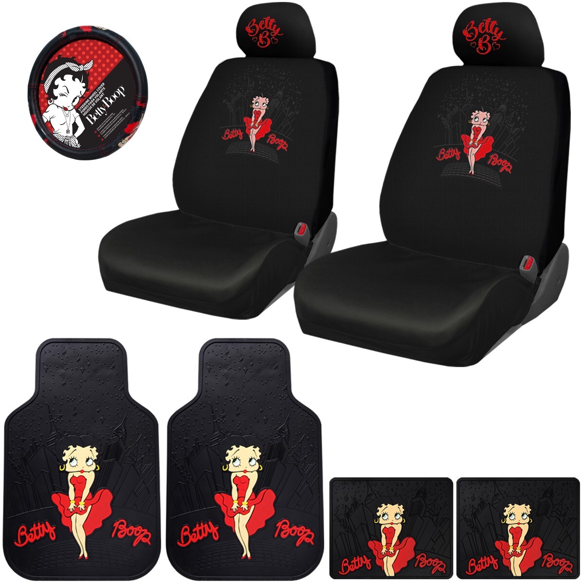 New Betty Boop Car Accessories Front Seat & Embroidered Headrest Covers Set