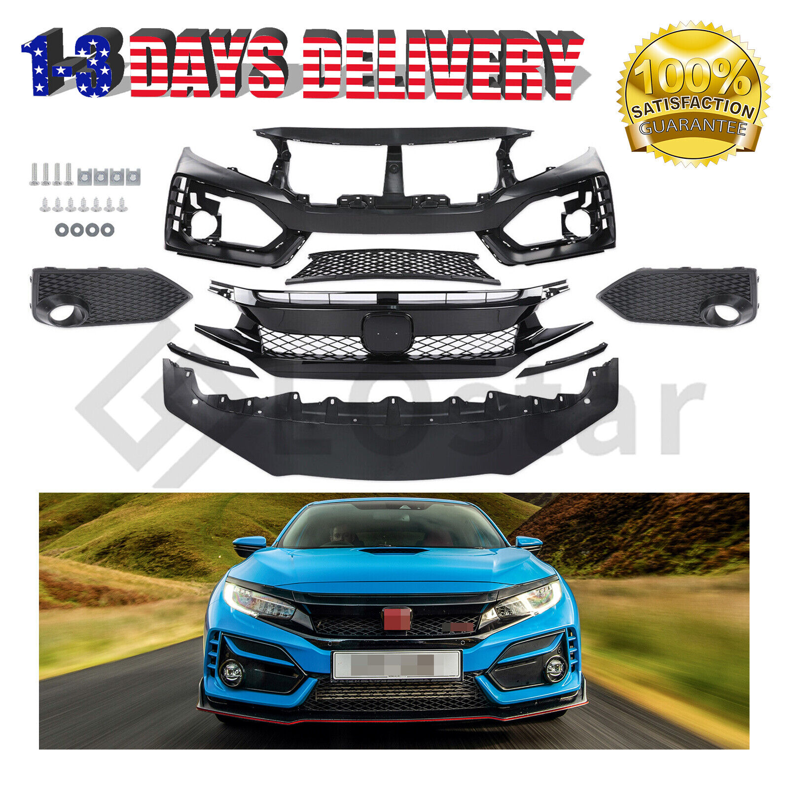 Type R Style Front Bumper Cover Kit w/ Grille & Lip For 2016-2021 Honda Civic