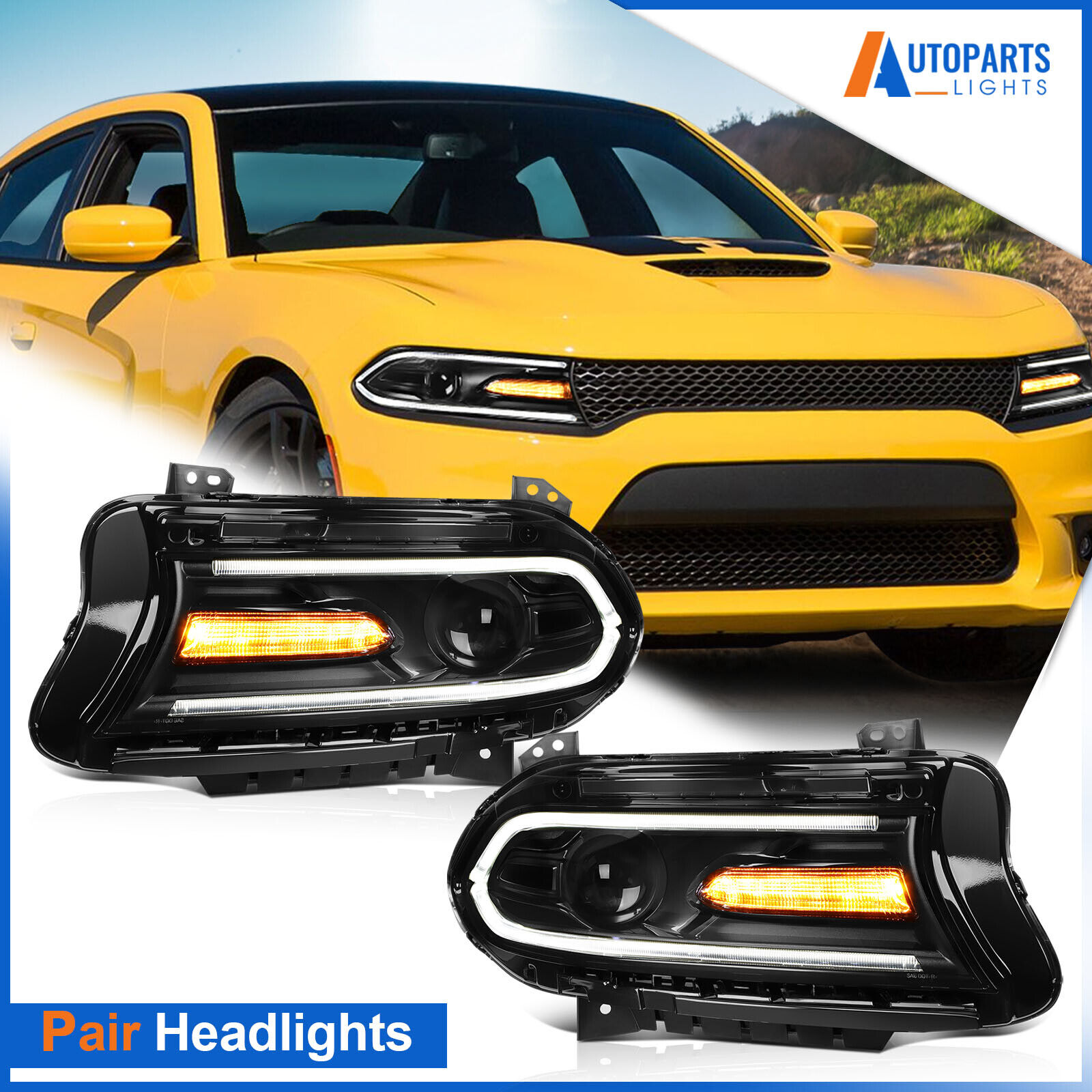 For 2015-2022 Dodge Charger LED DRL Sequential Projector Headlights Assembly Set