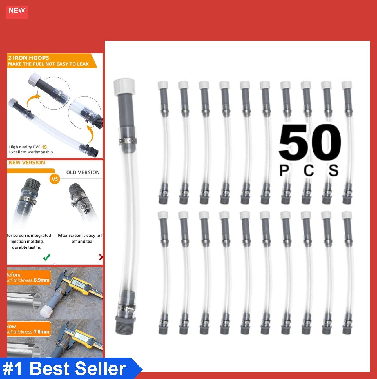 50 Pack 3/4 Inch Threaded Transparent Fuel Jug Replacement Hose With Filter PVC
