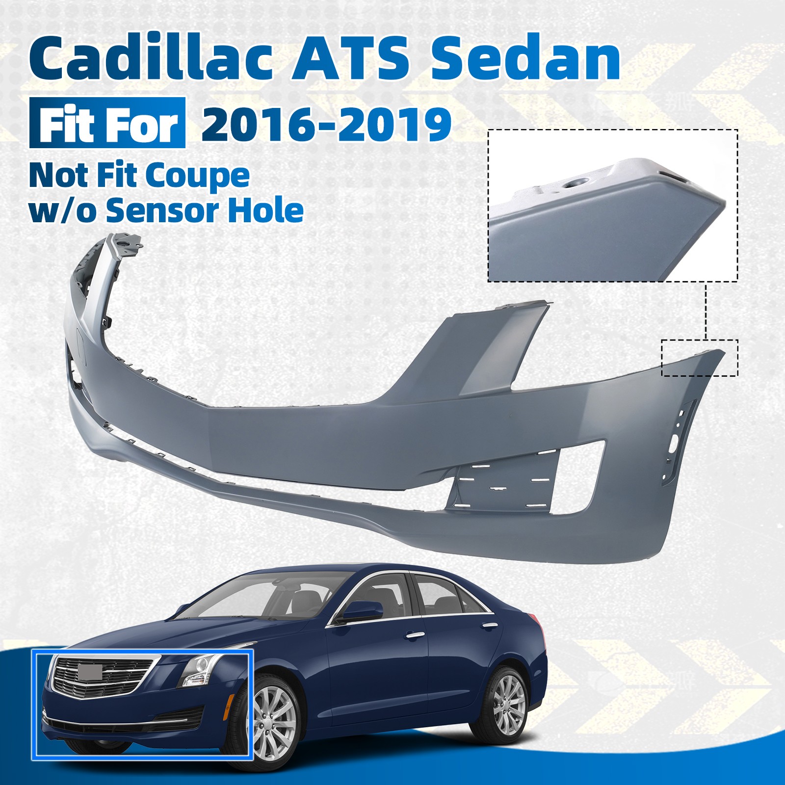 For 2015-2019 Cadillac ATS Sedan Primed Front Bumper Cover W/O Sensor Hole