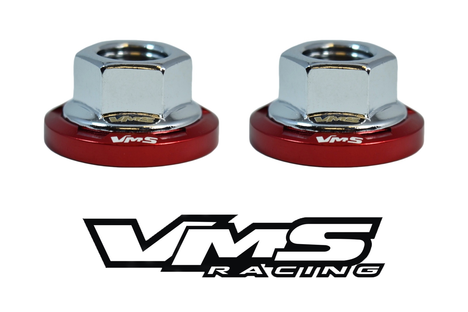 2 VMS RACING STRUT TOWER DRESS UP RED WASHERS & SILVER FLANGED NUTS MITSUBISHI