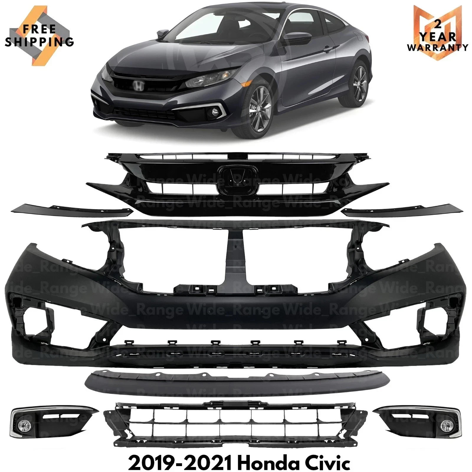 Front Bumper Cover Fascia & Grille Assembly Kit For 2019-2021 Honda Civic