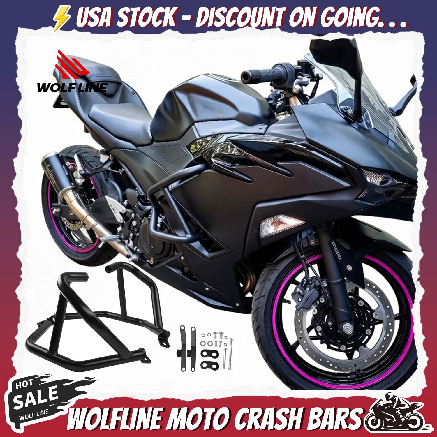 WOLFLINE Crash Bar For Kawasaki Ninja 500 2024-2026 Engine Guard Frame Protector