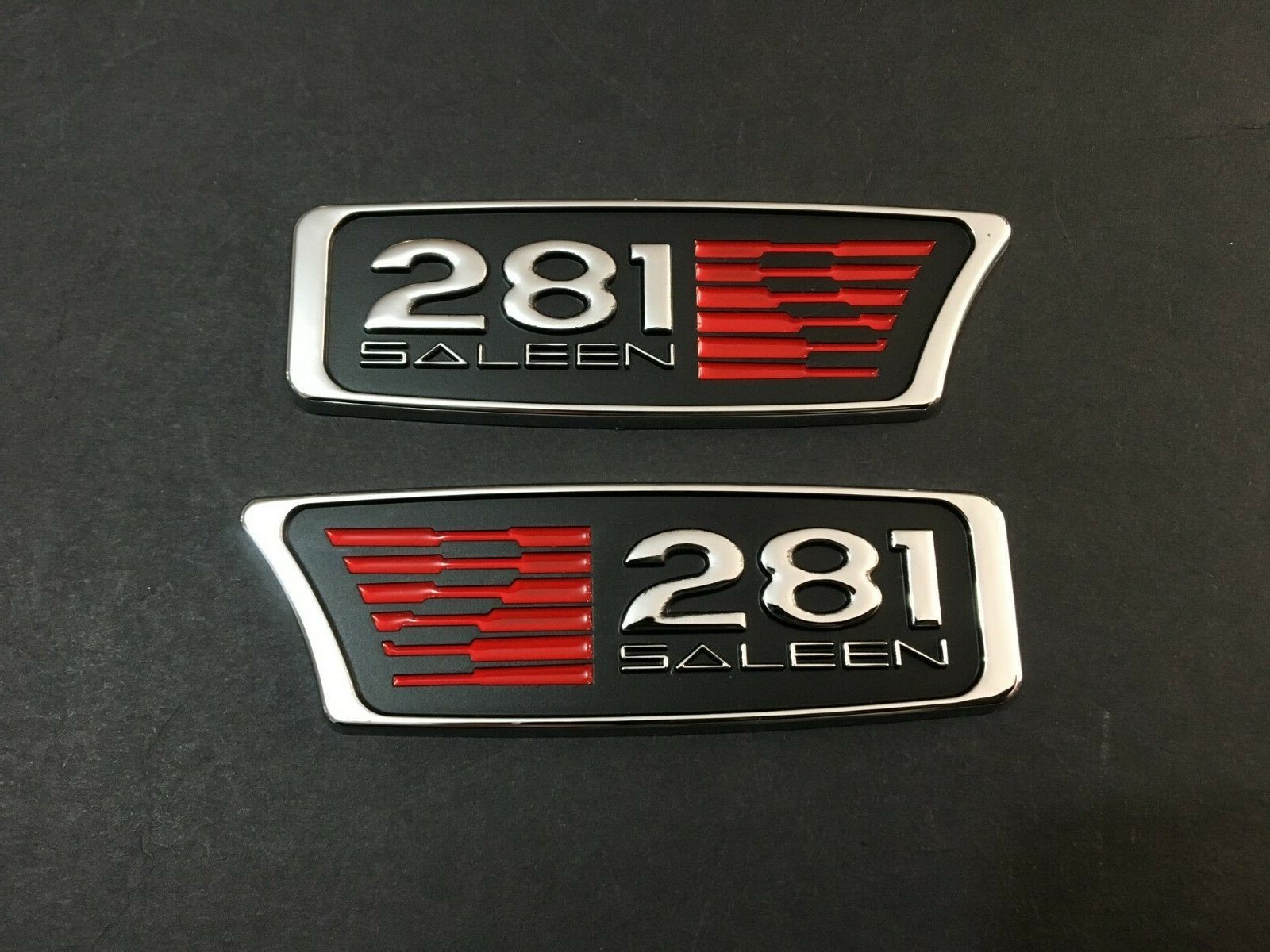 S281 OF SALEEN 281 Accessories EMBLEM NEVER INSTALLED CHROME BLACK /RED -1PAIR S281 OF SALEEN 281 Accessories EMBLEM NEVER INSTALLED CHROME BLACK /RED -1PAIR
