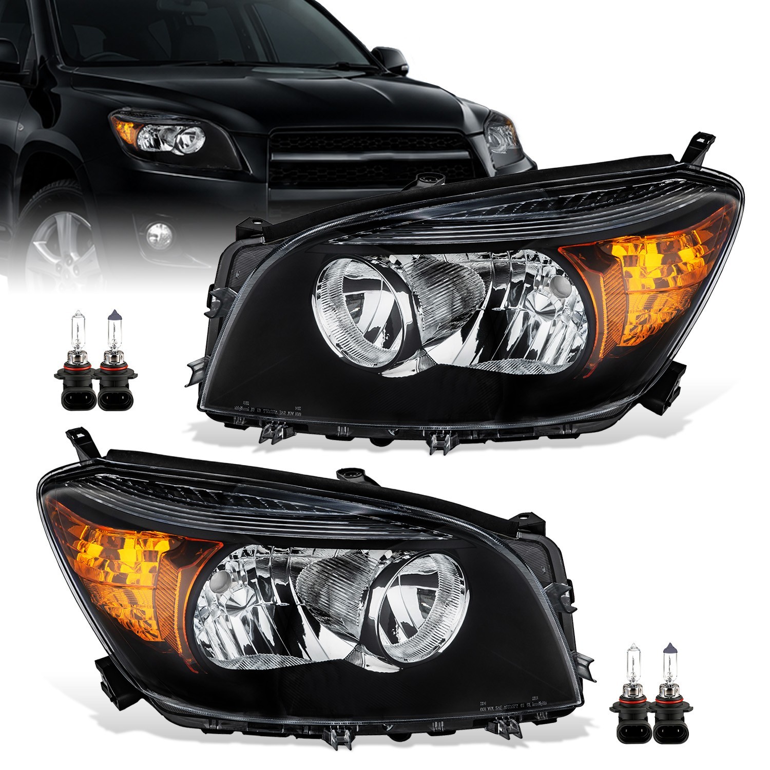 For 2006-2008 Toyota RAV4 Black Halogen Headlights Assembly Pair L+R With Bulbs