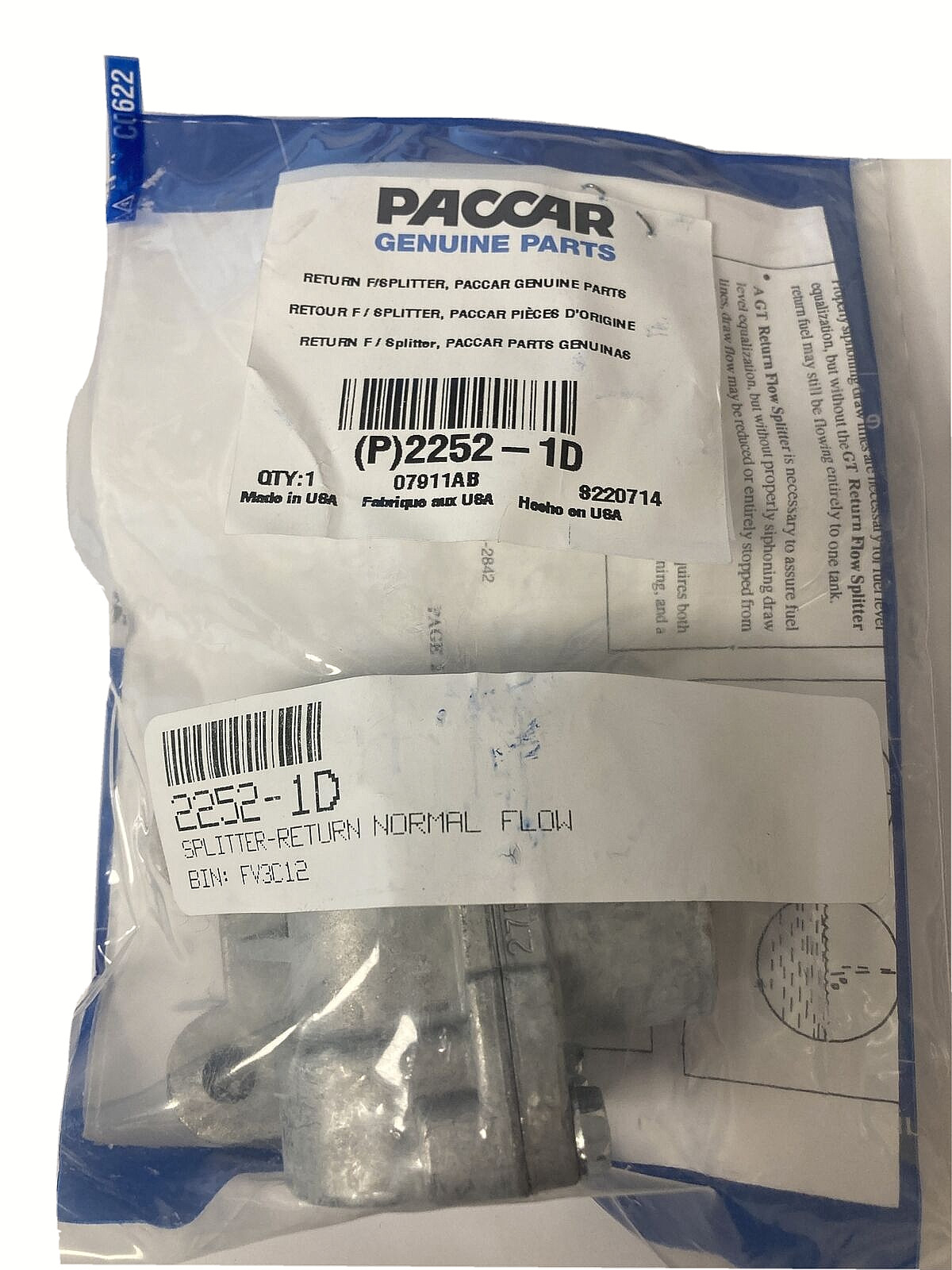 NEW GENUINE PACCAR NORMAL FLOW FUEL RETURN SPLITTER  1/2\