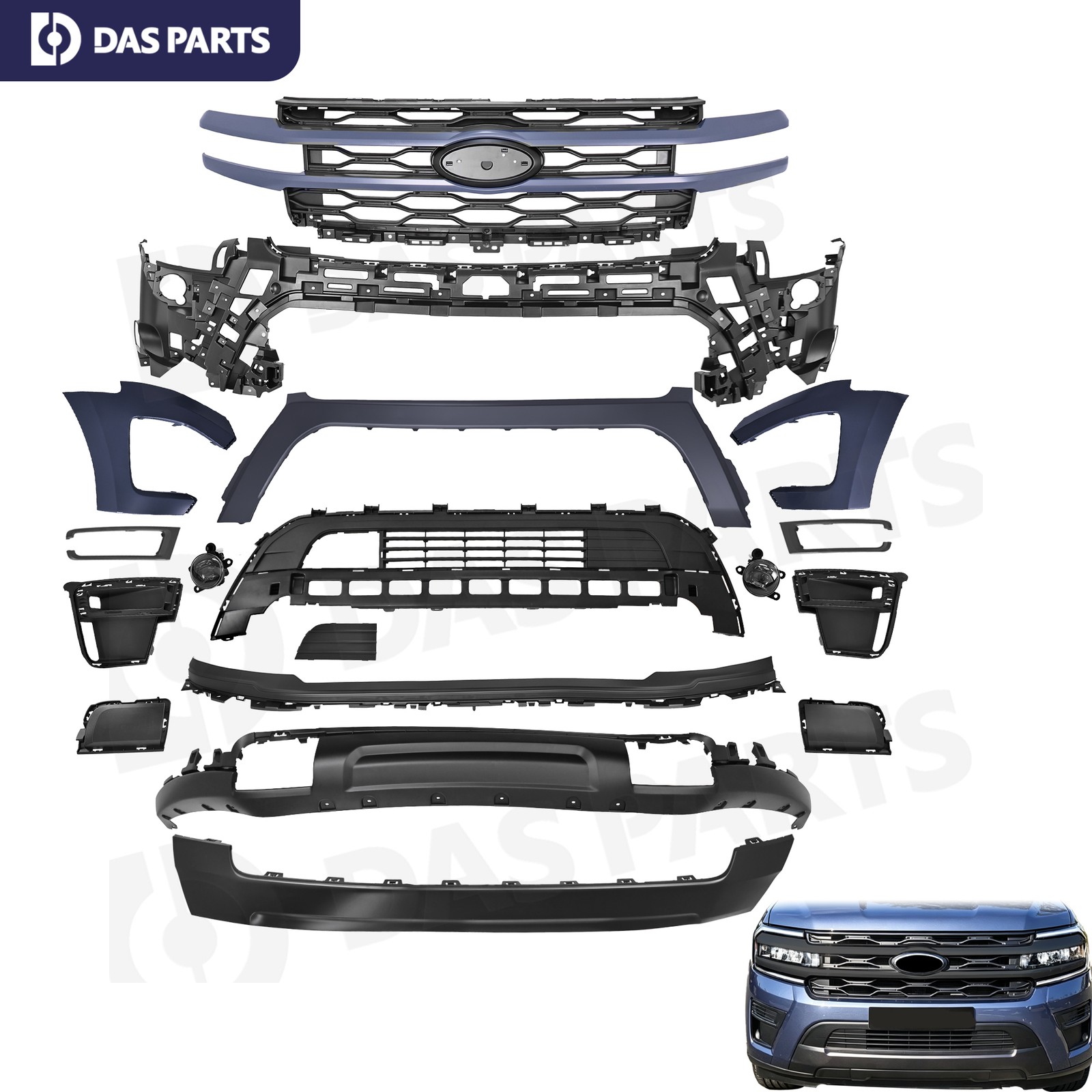 For 2022-2024 Ford Expedition XLT Complete Front Bumper Cover Kit w/ Fog Lights