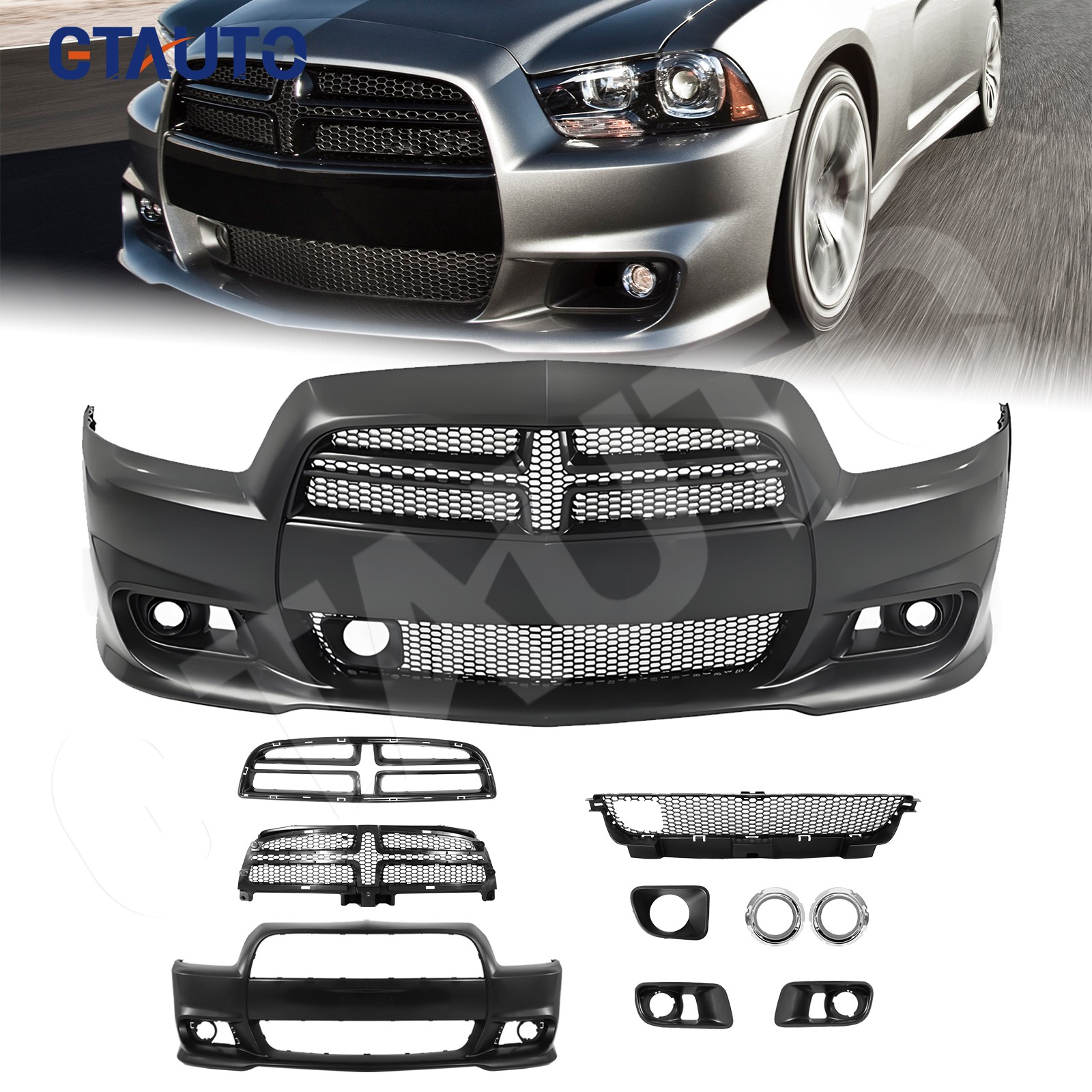 SRT8 Style Bumper Cover Upper Lower Grille Kit w/ACC For 2008-2014 Dodge Charger