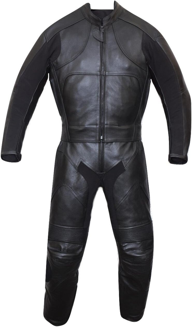 2pc Motorcycle Riding Racing Leather Black Track Suit with Padding and Armor