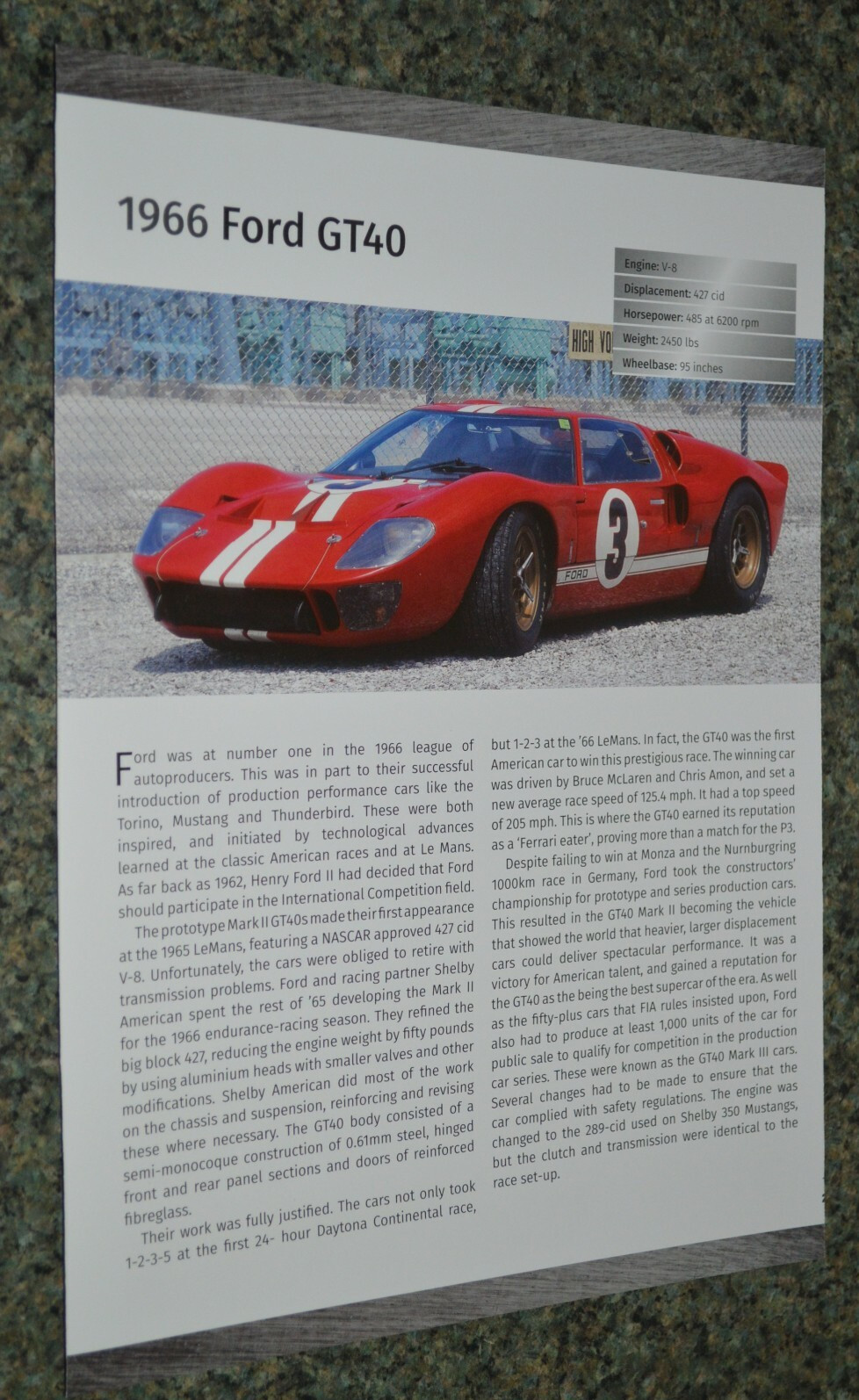 1966 Ford GT40 Info Spec Sheet Photo Feature Print 66 427 GT 40 3