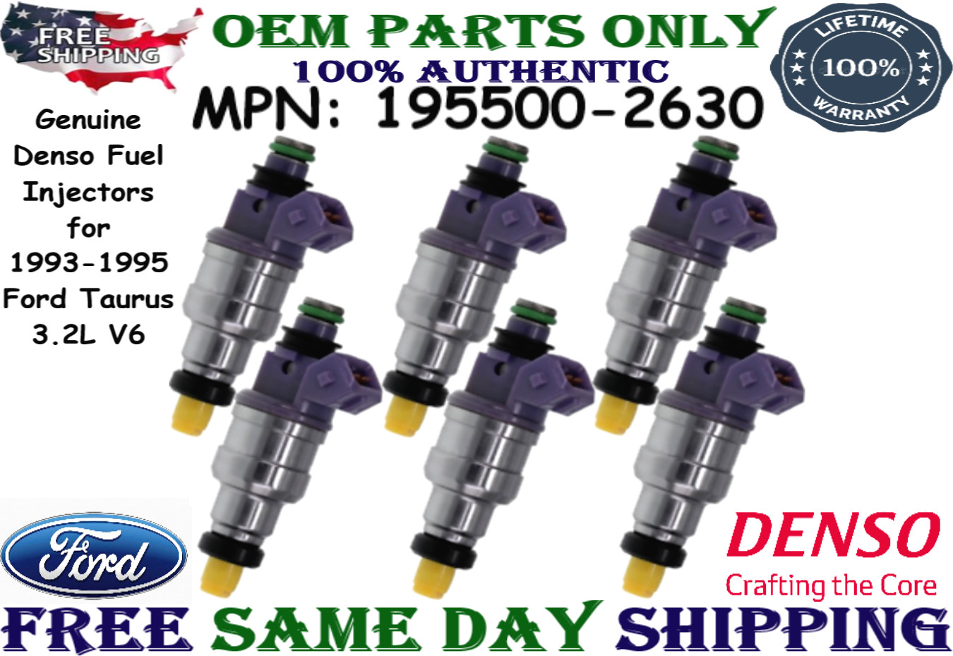 Genuine Denso 6PCS Fuel Injectors for 1993-1995 Ford Taurus 3.2L V6 #195500-2630