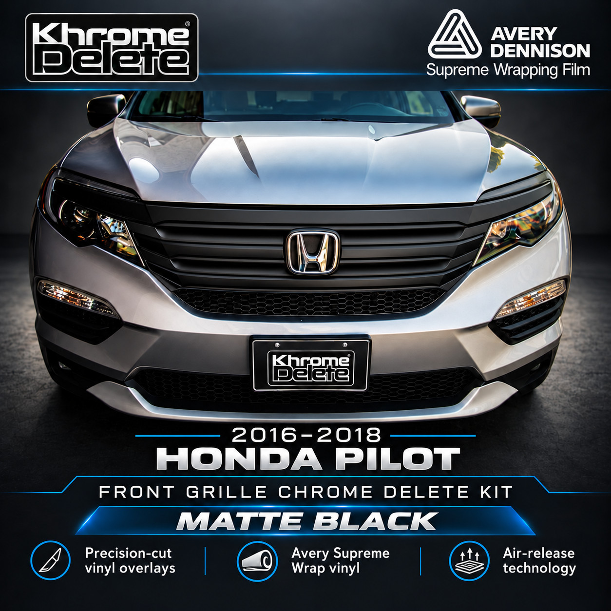Chrome Delete Vinyl fitting a 2016- 2018 Honda Pilot Grill (Matte Black)