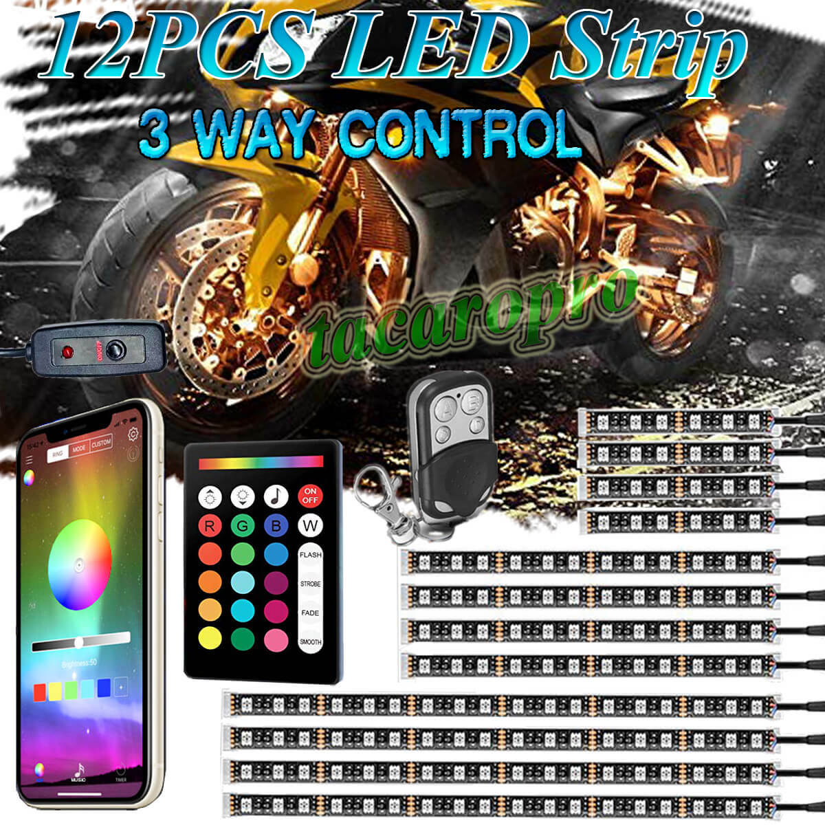 12X RGB bluetooth Motorcycle LED Light Accent Glow Neon Strip APP Music Control