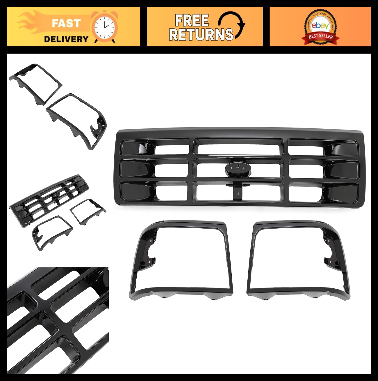 3Pcs Grille & Headlight Bezel for 1992-1997 Ford Bronco F-150 F-250 F-350 HD, AB 3Pcs Grille & Headlight Bezel for 1992-1997 Ford Bronco F-150 F-250 F-350 HD, AB