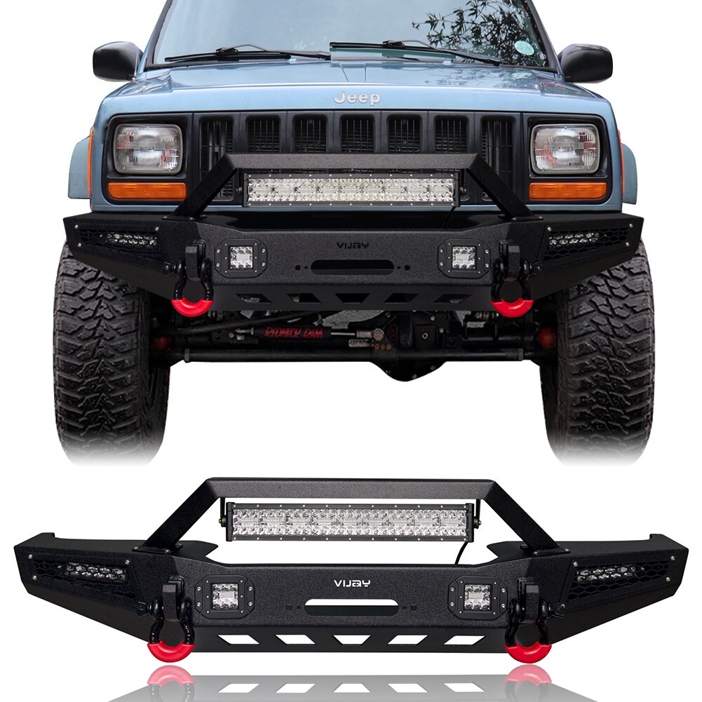 VIJAY For 1984-2001 Jeep Cherokee XJ Steel Front Bumper w/Winch Plate & Lights VIJAY For 1984-2001 Jeep Cherokee XJ Steel Front Bumper w/Winch Plate & Lights