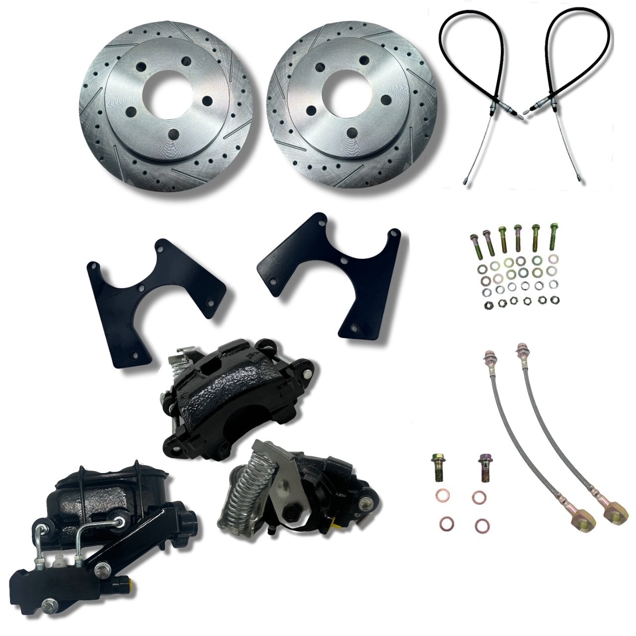 63-87 C10 Rear Disc Brake Kit 5 Lug Drilled/Slotted e-brake & Master PV4 Black 63-87 C10 Rear Disc Brake Kit 5 Lug Drilled/Slotted e-brake & Master PV4 Black