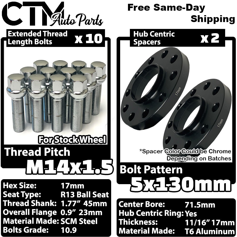 2x 17mm Thick 5x130 71.5mm CB Wheel Spacer 14x1.5 Chrome Ball Bolt Porsche &More