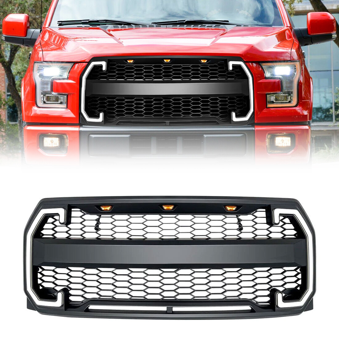 Front Raptor Style Grille Grill w/ DRL & Turn Signal For 2015-2017 Ford F150 ABS